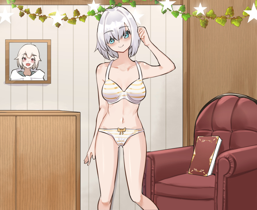 1girl ars_almal belly blue_eyes book bra breasts commission cupboard highres indoors knee_up knees_up maril_zu navel nijisanji panties portrait_(object) room solo standing star_(symbol) thighs underwear underwear_only virtual_youtuber white_hair