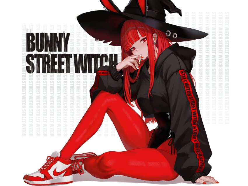 1girl animal_ears black_hoodie black_leotard cropped_hoodie ear_piercing english_text fake_animal_ears fingernails hat highres hood hoodie leotard long_fingernails long_hair long_sleeves nail_polish nike_(company) on_floor original pantyhose piercing rabbit_ears red_eyes red_hair red_nails red_pantyhose shoes sitting smoking sneakers solo val_(yan_kodiac) witch_hat yan_kodiac