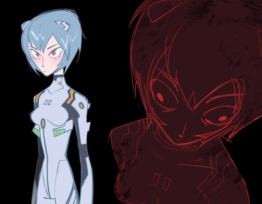 1girl ayanami_rei black_background blue_hair bodysuit commentary english_commentary highres interface_headset_(evangelion) mayuko_watson mecha_pilot_suit multiple_views neon_genesis_evangelion plugsuit_(evangelion) red_eyes short_hair white_bodysuit