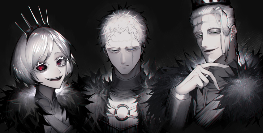 1girl 2boys :d :| absurdres alternate_color armor black_clover black_fur black_sclera blue_eyes breastplate chest_strap closed_mouth coat colored_sclera crown dark_background expressionless eyepatch facial_hair facial_mark frit_2 fur_coat fur_collar gem goatee green_eyes hair_behind_ear hair_slicked_back hairband hand_on_own_chin high_collar highres long_bangs long_eyelashes looking_at_viewer mandarin_collar mismatched_sclera multiple_boys mustache narrowed_eyes o-ring open_mouth parted_bangs parted_lips red_eyes shirt short_hair shoulder_strap siblings sideburns simple_background single_sidelock smile teeth tiara upper_body upper_teeth_only vanica_zogratis white_hair white_shirt zenon_zogratis