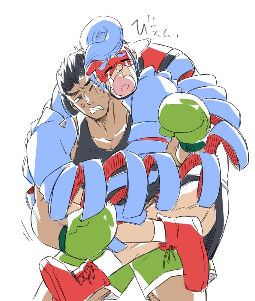 2boys absurdres angry arms_(game) black_hair blue_hair boxing_gloves crying gloves green_gloves green_shorts highres little_mac mask multiple_boys nintendo pig pompadour punch-out!! shorts simple_background spring_man_(arms) super_smash_bros. tank_top white_background