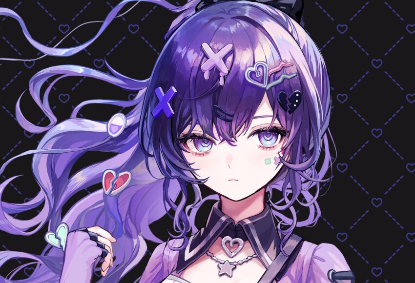 1girl asahina_mafuyu black_background blue_eyes commission fingerless_gloves gloves hair_ornament hairclip heart heart_hair_ornament highres jewelry long_hair looking_at_viewer necklace negai_wa_itsuka_asa_wo_koete_(project_sekai) pipi_(pipinavigation) portrait project_sekai purple_eyes purple_hair solo star_(symbol)