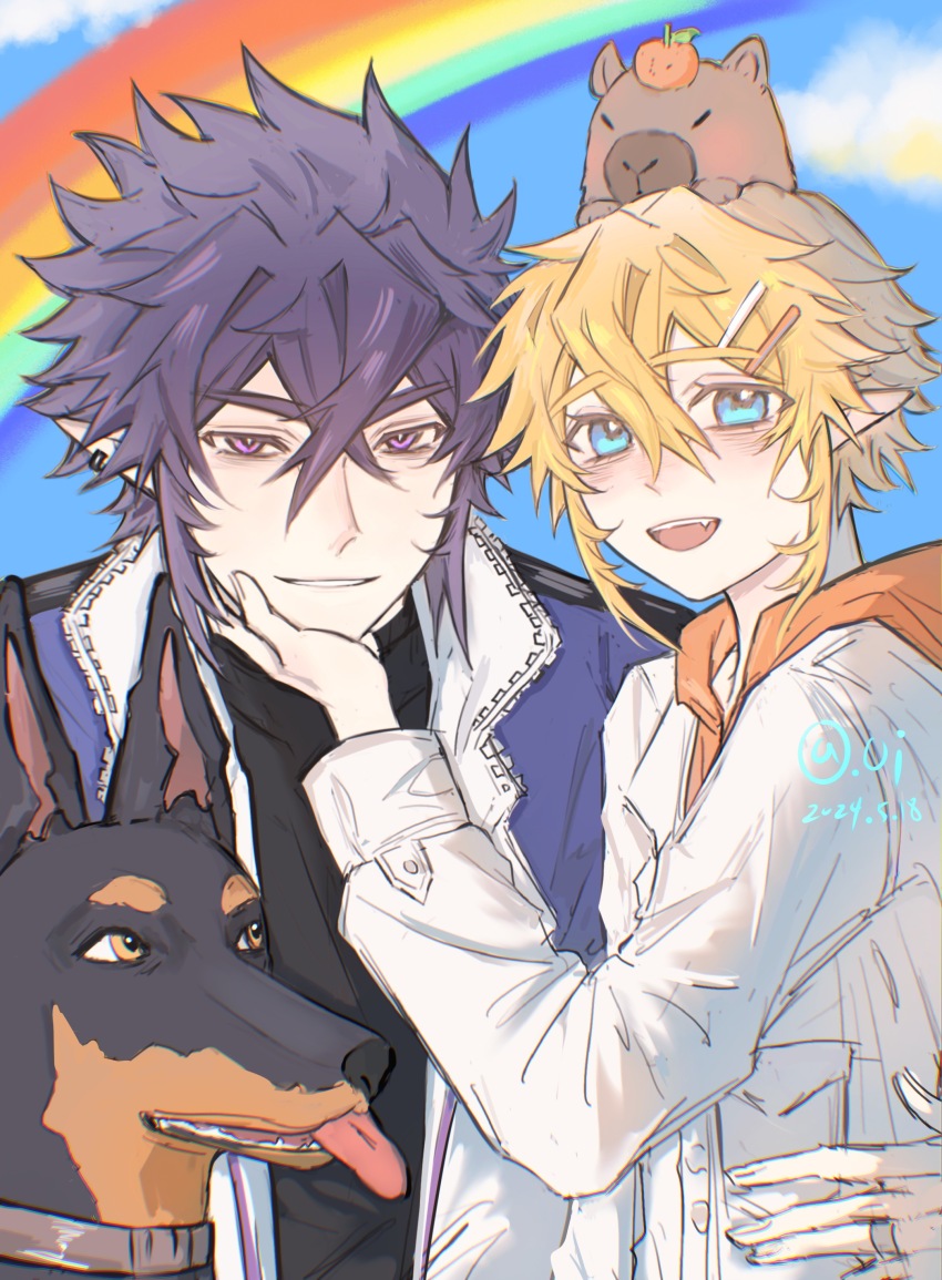 2boys absurdres alternate_costume animal animal_on_head aotu_world artist_name blonde_hair blue_eyes capybara cloud dog hair_between_eyes hair_ornament hairclip highres hood hoodie jacket king_(aotu_world) long_sleeves looking_at_viewer male_focus multiple_boys on_head open_mouth pale_skin plutoray pointy_ears purple_eyes purple_hair rainbow ray_(aotu_world) short_hair sky smile spiked_hair tongue yaoi