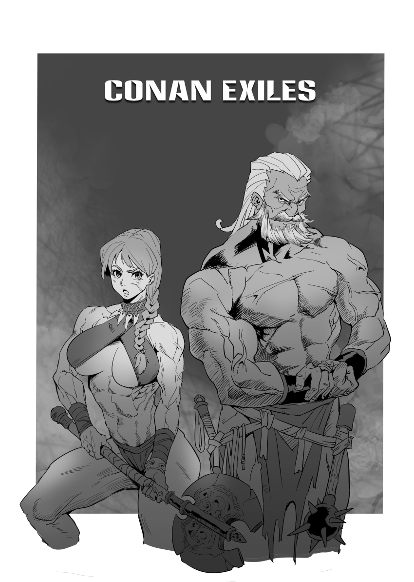 1boy 1girl absurdres axe barbarian beard bracer braid braided_ponytail conan_exiles conan_the_barbarian facial_hair facial_scar flexing greyscale highres jewelry loincloth long_hair mace monochrome muscular muscular_female muscular_male necklace old old_man rmulderz scar scar_on_cheek scar_on_face simple_background sword weapon
