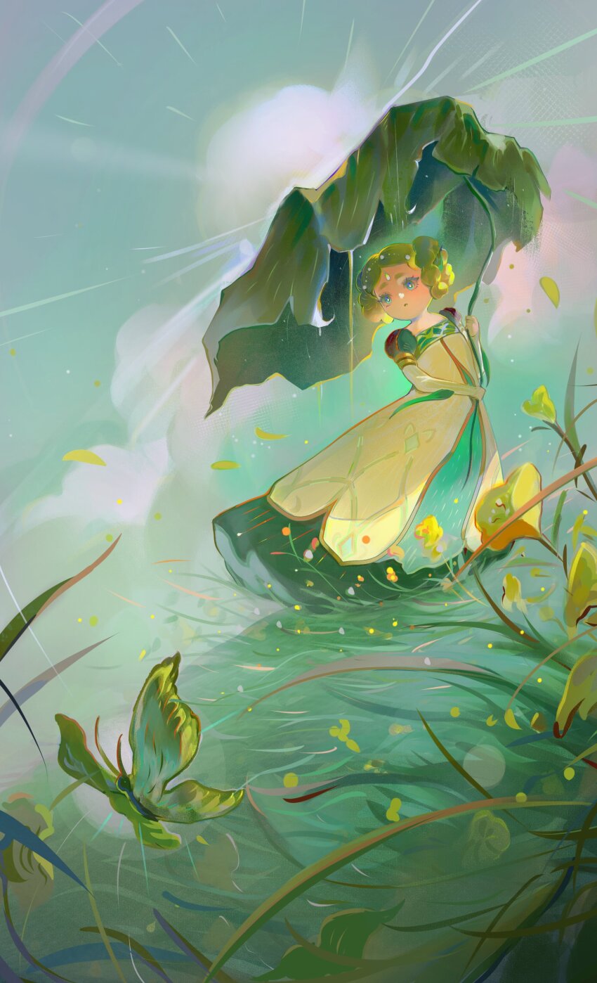1girl absurdres afk_(series) afk_journey aqua_eyes braid braided_hair_rings brown_hair bug butterfly cloud cloudy_sky cupi_cupidi day dress flower forehead forehead_jewel from_below full_body grass green_theme hair_rings hewynn_(afk) highres holding holding_leaf insect jewelry layered_sleeves leaf leaf_umbrella light_rays long_sleeves looking_to_the_side open_mouth outdoors puffy_short_sleeves puffy_sleeves short_eyebrows short_hair short_over_long_sleeves short_sleeves sky solo standing sunbeam sunlight thick_eyebrows twin_braids white_dress yellow_flower yellow_petals