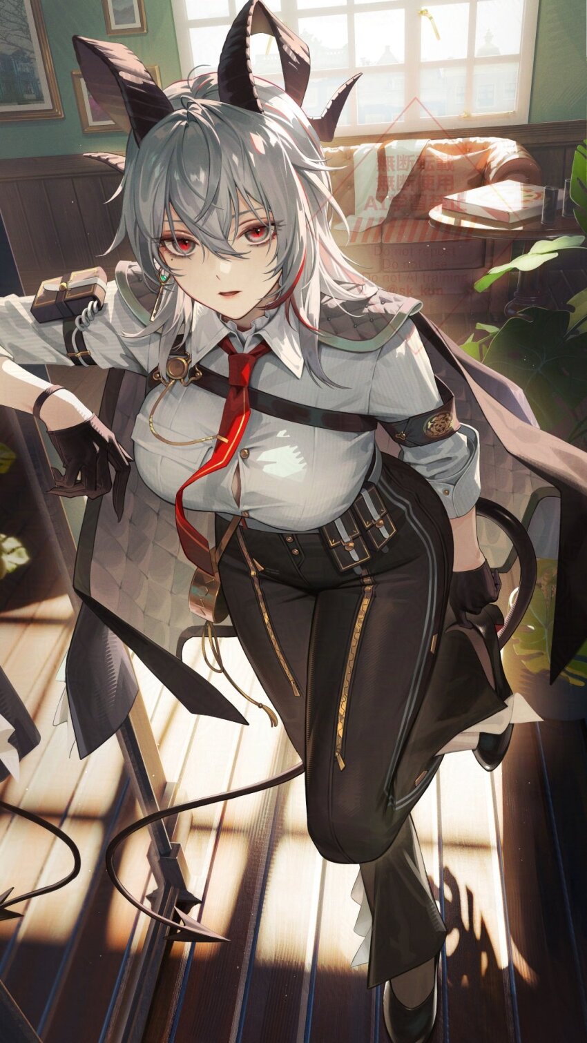 1girl adjusting_footwear arm_pouch armband bags_under_eyes black_armband black_eyes black_horns black_jacket black_pants black_pouch black_shoes black_tail breasts button_gap chest_harness commentary curled_horns demon_tail esukee grey_hair hair_between_eyes harness hashtag-only_commentary high-waist_pants high_heels highres horns indoors jacket jacket_on_shoulders large_breasts long_hair mirror mole mole_under_eye multicolored_eyes multicolored_hair necktie pants red_eyes red_necktie reflection shirt shoes solo streaked_hair tail tight_clothes tight_pants two-tone_eyes watermark white_shirt wuthering_waves zani_(wuthering_waves)