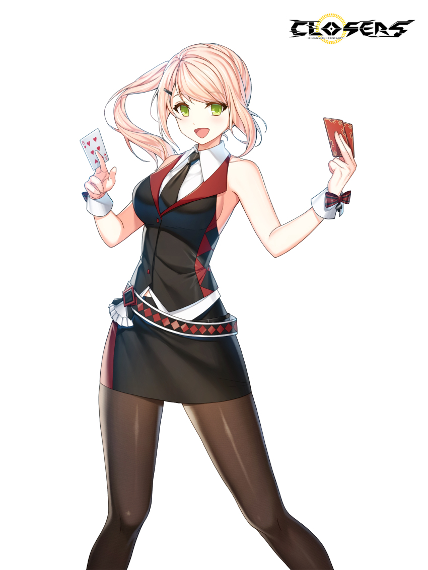 1girl :d bare_arms bare_shoulders belt between_fingers black_belt black_necktie black_pantyhose black_skirt black_vest blonde_hair bow breasts card closers collared_shirt copyright_name croupier dress_shirt feet_out_of_frame floating_hair green_eyes hair_ornament hairclip hands_up highres holding holding_card impossible_clothes impossible_shirt impossible_vest legs_apart logo long_hair looking_at_viewer medium_breasts midriff_peek miniskirt necktie official_art open_mouth pantyhose pencil_skirt playing_card ponytail red_bow shirt sideboob sidelocks six_of_hearts skirt sleeveless sleeveless_shirt smile solo soma_(closers) standing swept_bangs vest waistcoat white_background white_shirt white_wrist_cuffs wrist_bow wrist_cuffs