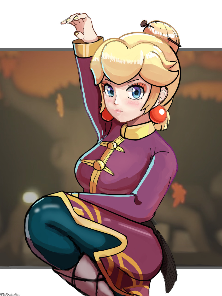 1girl arm_up blonde_hair blue_eyes breasts chinese_clothes cowboy_shot earrings eyeshadow fighting_stance hair_bun highres jewelry knees_up kung_fu_peach looking_at_viewer makeup mario_(series) medium_breasts nintendo official_alternate_costume official_alternate_hairstyle princess_peach princess_peach:_showtime! red_eyeshadow signature solo thedarkestuno