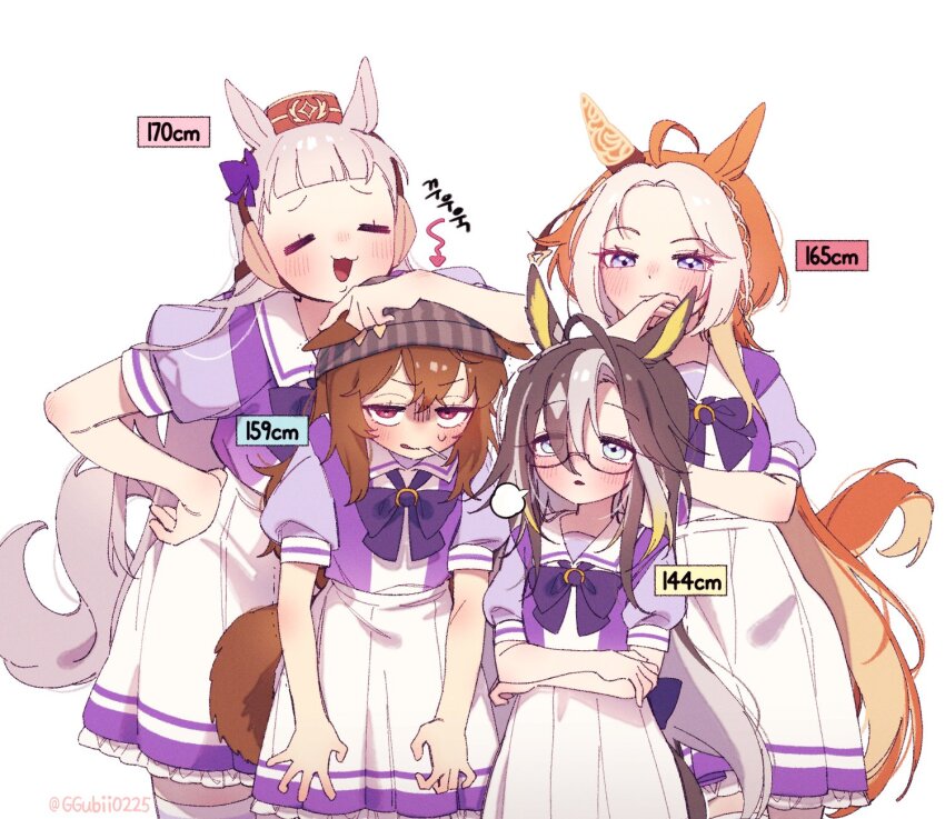4girls :3 animal_ears beanie black_hair blonde_hair blunt_bangs bow bowtie brown_eyes brown_hair candy closed_eyes dream_journey_(umamusume) dress ear_covers ears_through_headwear food frilled_skirt frills ggubii0225 glasses gold_ship_(umamusume) grey_hat hair_between_eyes hair_bow hand_on_another&#039;s_head hat headgear height height_difference highres horse_ears horse_girl horse_tail horseshoe_ornament korean_text lollipop long_hair matching_outfits multicolored_hair multiple_girls nakayama_festa_(umamusume) open_mouth orange_hair orfevre_(umamusume) pleated_skirt puffy_short_sleeves puffy_sleeves purple_bow purple_bowtie purple_shirt purple_skirt sailor_collar school_uniform semi-rimless_eyewear shirt short_sleeves sidelocks single_ear_cover skirt sweatdrop tail thighhighs tracen_school_uniform translation_request two-tone_dress two-tone_hair umamusume white_hair white_skirt white_thighhighs zettai_ryouiki