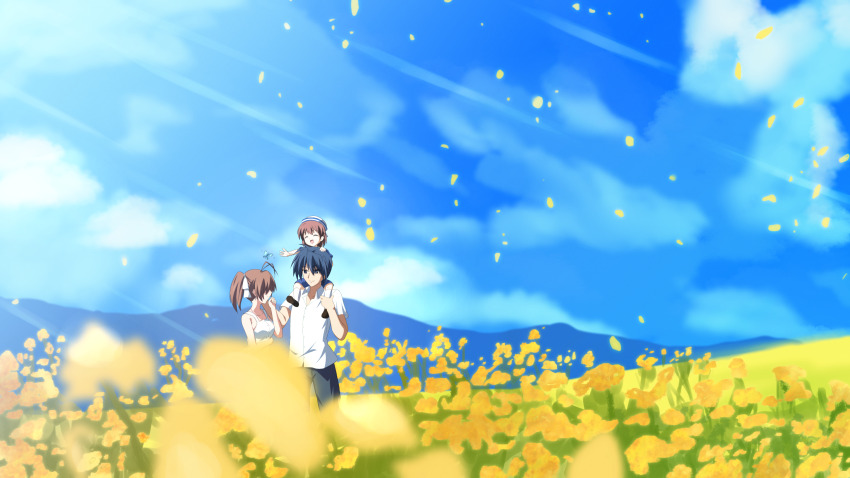 1boy 2girls absurdres antenna_hair black_pants blue_dress blue_eyes blue_hair blue_sky brown_hair bug butterfly carrying child clannad closed_eyes cloud commentary_request dress family father_and_daughter field flower flower_field furukawa_nagisa hair_over_eyes hand_on_own_chin hat highres husband_and_wife insect leg_grab mother_and_daughter mountainous_horizon multiple_girls okazaki_tomoya okazaki_ushio open_mouth pants petals reaching scarletowen shirt shoes shoulder_carry sky smile socks sunlight white_dress white_hat white_shirt white_socks