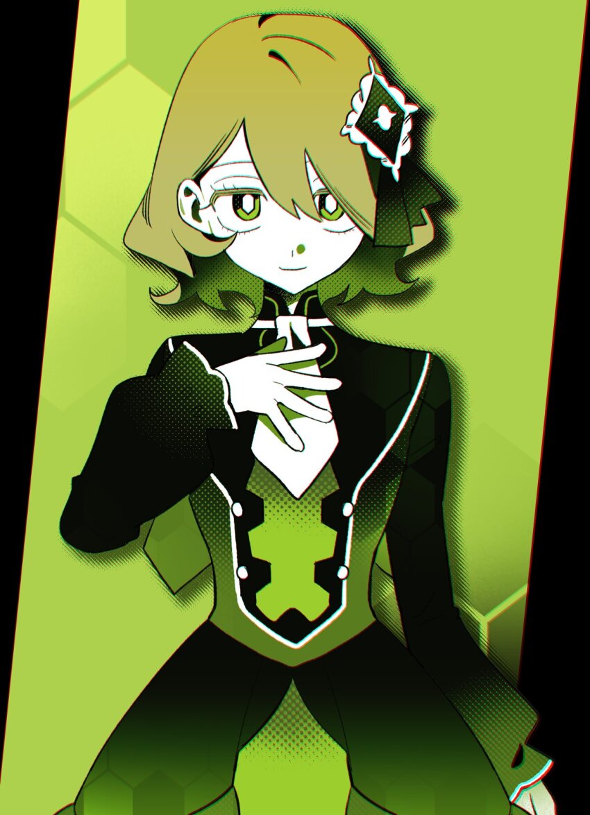 1brad 1girl arm_at_side blonde_hair bright_pupils dress eyelashes green_background green_eyes hair_between_eyes hair_ribbon hand_up highres long_sleeves looking_at_viewer necktie nintendo official_alternate_costume pokemon pokemon_masters_ex ribbon serena_(pokemon) serena_(sygna_suit)_(pokemon) short_hair short_necktie solo white_necktie white_pupils