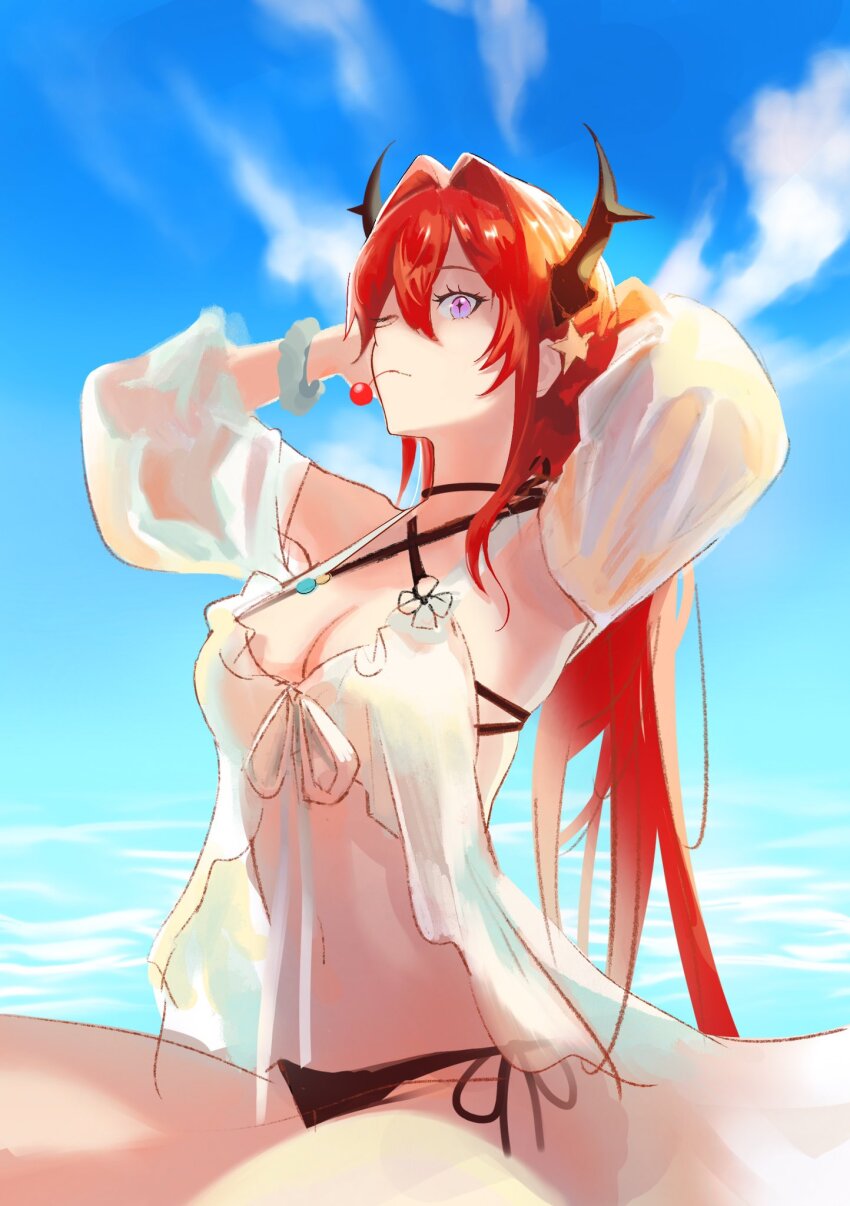 1girl arknights arms_up beach bikini black_bikini breasts brown_horns cleavage cowboy_shot day hair_between_eyes hair_intakes hands_in_hair hands_in_own_hair hashtag-only_commentary highres horns ice121 long_hair long_sleeves medium_breasts navel ocean official_alternate_costume outdoors pink_eyes red_hair side-tie_bikini_bottom sitting solo surtr_(arknights) surtr_(colorful_wonderland)_(arknights) swimsuit swimsuit_cover-up tying_hair unfinished water