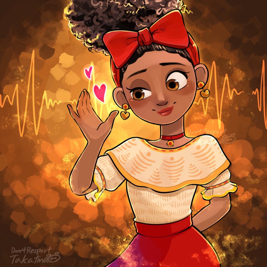 1girl bow brown_eyes brown_hair choker curly_hair dark-skinned_female dark_skin dolores_madrigal earrings encanto hair_bow heart heart_earrings highres jewelry red_bow red_choker shirt simple_background skirt smile solo takatmaorange