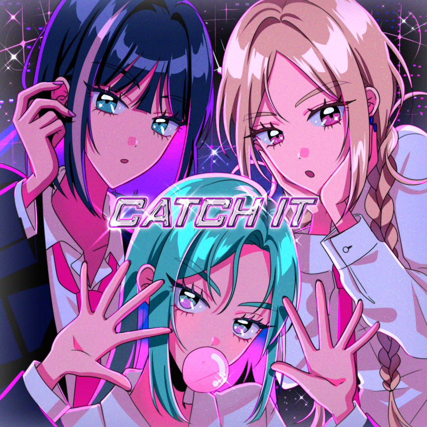 3girls absurdres album_cover anime_coloring artist_request black_collar black_hair black_nails black_sleeves black_suit blonde_hair blunt_bangs blunt_ends bob_cut braid buttoned_cuffs buttons chewing_gum collar collared_shirt collared_suit colored_inner_hair cover dot_nose english_text eyelashes formal_clothes green_eyes green_hair hair_between_eyes hair_intakes hair_over_shoulder hands_on_own_face highres lapels long_hair looking_at_viewer low-braided_long_hair low-tied_long_hair multicolored_eyes multicolored_hair multiple_girls necktie notched_lapels open_hand open_mouth parted_bangs parted_hair pixels pretzelle purple_eyes purple_hair purple_nails red_necktie second-party_source shirt sidelocks single_braid single_hair_streak sparkle sparkling_eyes straight_hair suit thick_eyebrows two-tone_eyes two-tone_hair undershirt upper_body white_collar white_shirt white_sleeve_cuffs white_sleeves white_undershirt wing_collar