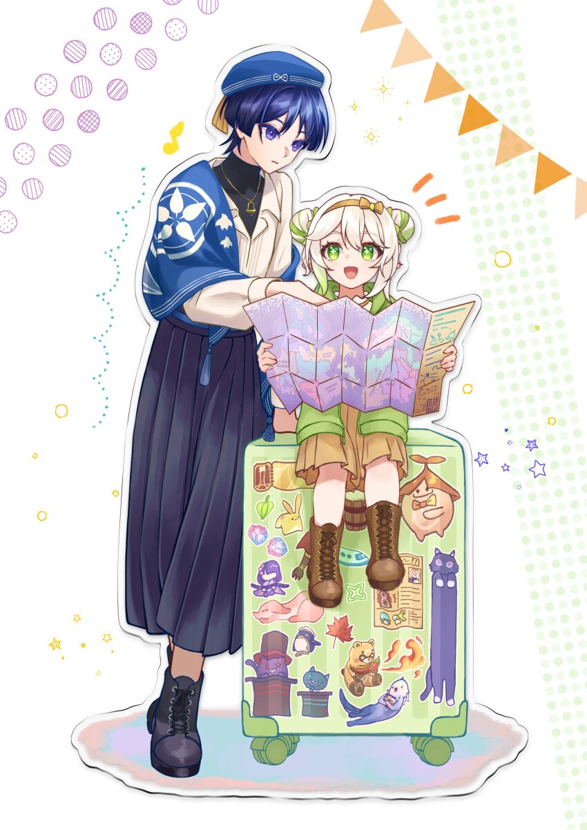 1boy 1girl absurdres acrylic_stand_(medium) alternate_costume alternate_hairstyle animal_print aranara_(genshin_impact) ararycan_(genshin_impact) beret bird_print black_boots black_pants black_shirt blue_hat blue_shawl blunt_ends boots bright_pupils brown_boots brown_skirt bunting camera casual cat_print character_print collared_shirt contemporary cross-shaped_pupils double_bun eyelashes eyeliner eyeshadow fingernails flame_print fringe_trim fungi_(genshin_impact) genshin_impact gold_necklace gold_pendant green_eyes green_hair green_jacket guoba_(genshin_impact) hair_between_eyes hair_bun hakama hakama_pants hat height_difference highres holding holding_map intertwined_fate jacket japanese_clothes jewelry lace-up_boots leaf leaf_print leather leather_boots leisurely_otter_(genshin_impact) long_sleeves looking_at_another looking_at_viewer makeup map maple_leaf multicolored_hair nahida_(genshin_impact) necklace notice_lines official_alternate_costume open_mouth paimon_(genshin_impact) pants parted_lips pers_(genshin_impact) pleated_pants pleated_skirt pointy_ears purple_eyes purple_hair raiden_shogun red_eyeliner red_eyeshadow rolling_suitcase scaramouche_(cat)_(genshin_impact) scaramouche_(genshin_impact) shawl shirt sitting skirt standing star_(symbol) streaked_hair suitcase symbol-shaped_pupils tareme tsurime turtleneck turtleneck_shirt uminato undershirt wanderer_(genshin_impact) wanderer_(wanderer_impression)_(genshin_impact) white_background white_hair white_pupils white_shirt white_sleeves wispy_bangs yae_miko yae_miko_(fox) yuegui_(genshin_impact)