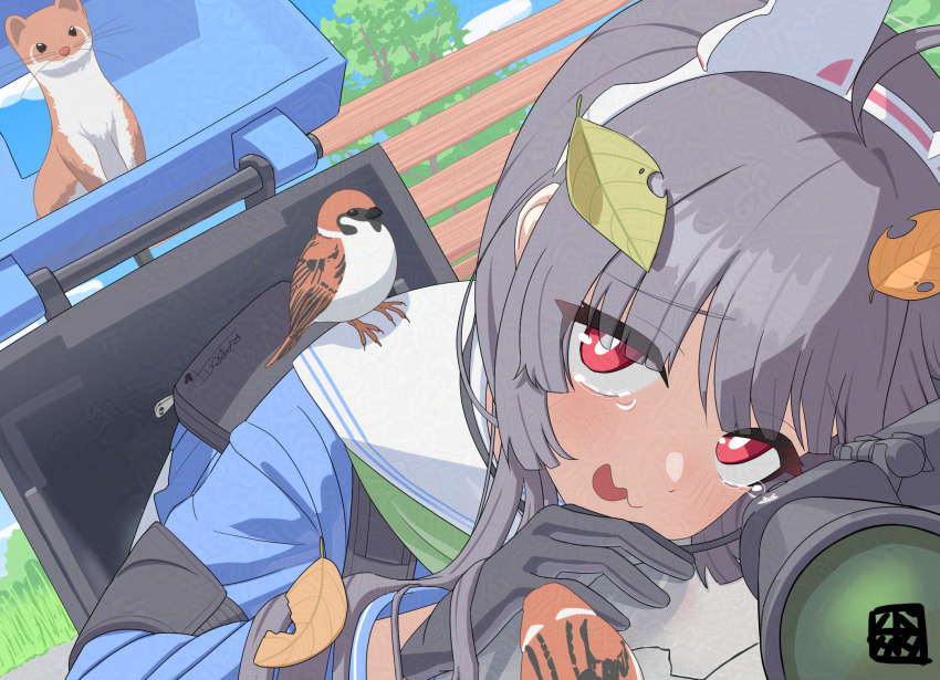 1girl adversarial_noise ahoge animal animal_ears bag bench binoculars bird black_gloves black_hair blue_archive blue_serafuku cloud commentary_request fake_animal_ears ferret from_side gloves grass green_neckerchief highres hime_cut leaf leaf_on_head long_hair lying miyu_(blue_archive) neckerchief open_mouth outdoors pantyhose pavement rabbit_ears red_eyes sailor_collar satchel school_uniform serafuku sky snake tabatabata_(batabata) tactical_clothes tactical_school_uniform tearing_up tears trash_can tree white_pantyhose white_sailor_collar