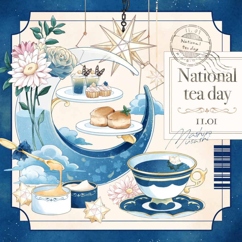 barcode blue_border blue_flower border cloud crescent_moon cup cupcake english_text flower food highres honey mashiro_musashi moon night night_sky no_humans original outside_border pink_flower sky spoon still_life surreal tea teacup white_flower