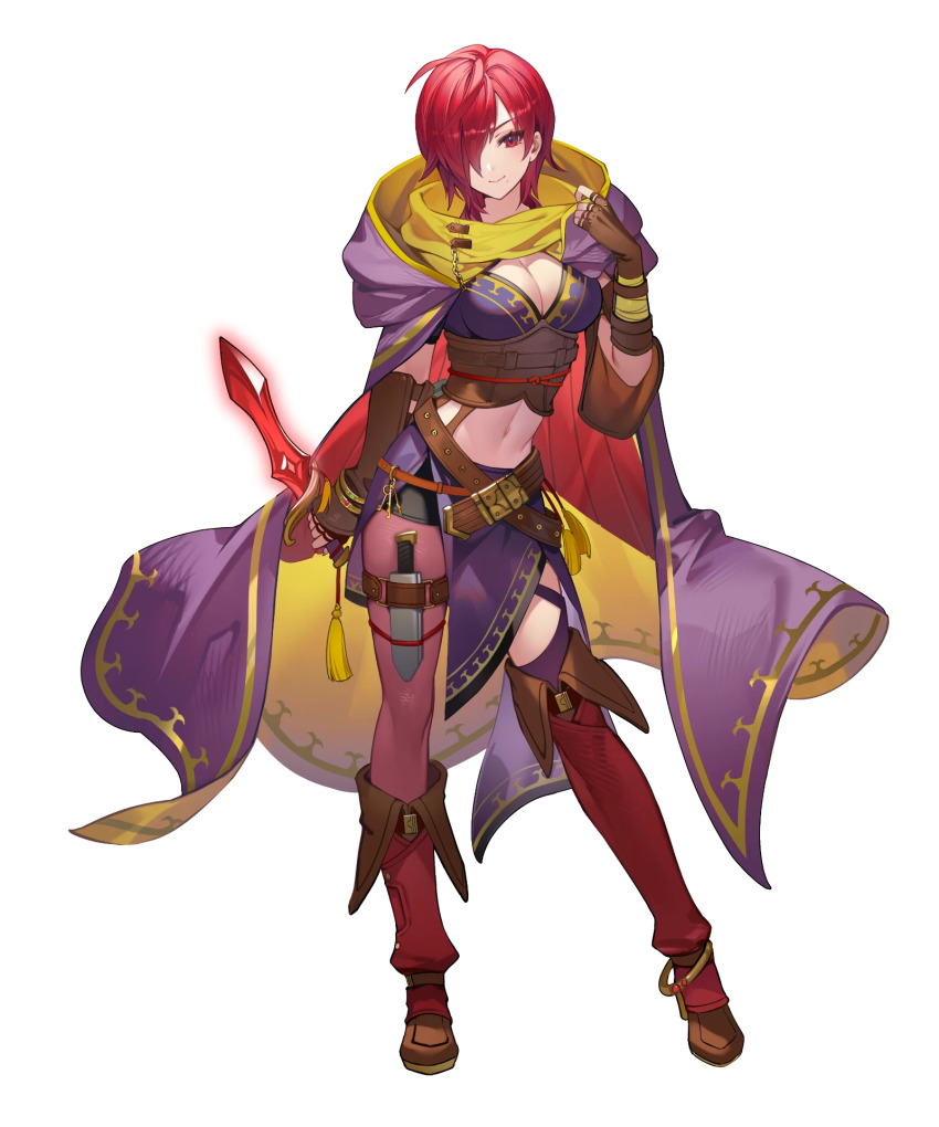 1girl boots breasts cleavage dagger female_focus fire_emblem fire_emblem:_the_blazing_blade fire_emblem_heroes full_body hair_over_one_eye highres holding holding_dagger holding_knife holding_weapon knife large_breasts leila_(fire_emblem) leila_(superb_shadow)_(fire_emblem) matching_hair/eyes medium_breasts midriff navel nintendo non-web_source official_alternate_costume official_art red_boots red_eyes red_hair smile solo standing weapon