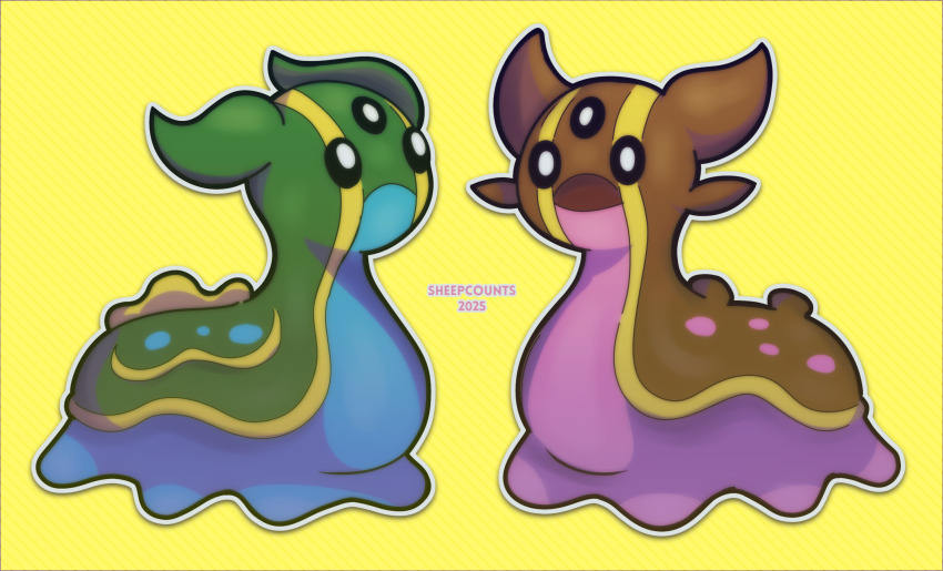 2025 artist_name dated full_body game_freak gastrodon gastrodon_(east) gastrodon_(west) gen_4_pokemon highres nintendo no_humans open_mouth pokemon pokemon_(creature) pokemon_focus sea_slug sheepcounts simple_background slug third_eye yellow_background