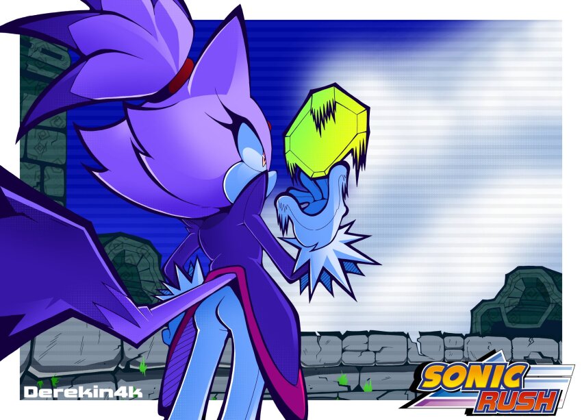 1girl animal_ears artist_name blaze_the_cat cat_ears cat_girl cat_tail copyright_name derekin4k fur-trimmed_gloves fur_trim furry furry_female gloves highres ponytail purple_fur sol_emerald sonic_(series) sonic_rush tail white_gloves yellow_eyes