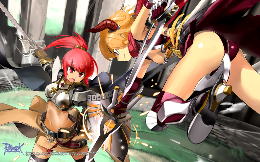 2girls adachi_yousuke arena armor armored_boots ass assassin_cross_(ragnarok_online) belt black_belt black_thighhighs blocking blonde_hair boobplate boots breastplate breasts brown_cape brown_skirt cape closed_mouth column copyright_notice crop_top cross cross_necklace dagger dual_wielding duel elbow_gloves feet_out_of_frame fighting frown gauntlets gloves grass guest_art high_heel_boots high_heels high_ponytail highres holding holding_dagger holding_knife holding_shield holding_sword holding_weapon horns jamadhar jewelry jumping knife leotard logo looking_at_another medium_breasts multiple_girls navel necklace official_art official_wallpaper open_mouth paladin_(ragnarok_online) pauldrons pillar pink_eyes pink_hair ponytail purple_eyes ragnarok_online red_gloves red_horns red_leotard red_thighhighs revealing_clothes shield short_hair shoulder_armor skirt sparks sword thighhighs v-shaped_eyebrows vambraces waist_cape weapon