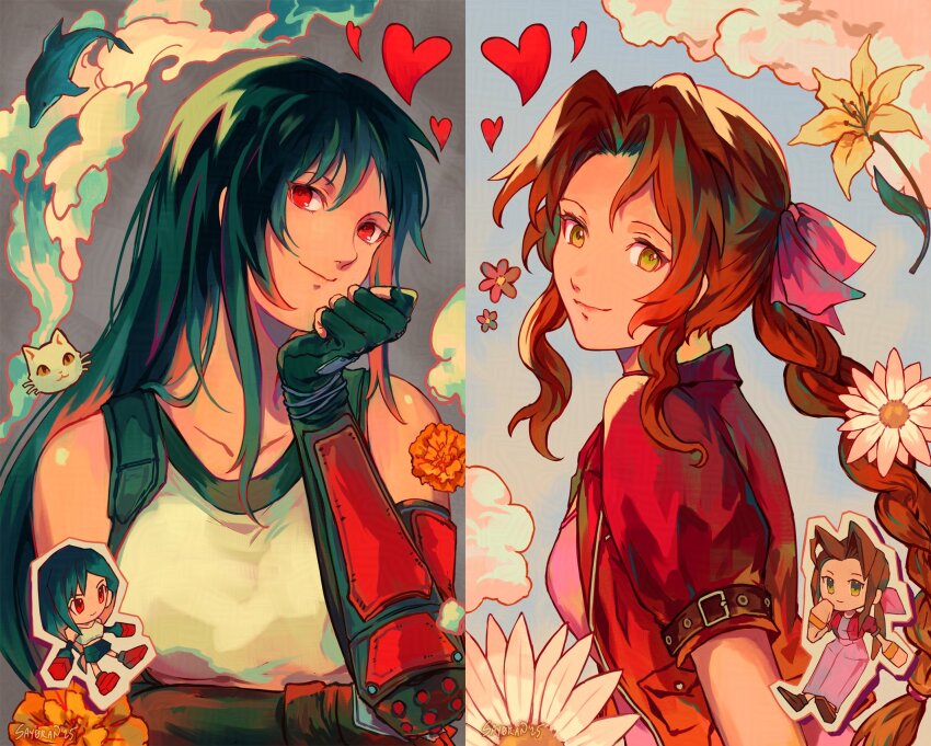 2girls aerith_gainsborough animal artist_name bare_shoulders black_gloves black_hair brown_hair cat chibi closed_mouth cloud collarbone commentary cropped_jacket dolphin dress english_commentary final_fantasy final_fantasy_vii fingerless_gloves flower forehead gloves green_eyes hair_ribbon heart highres jacket long_hair looking_at_viewer multiple_girls outdoors pink_dress pink_ribbon ponytail red_eyes red_flower red_jacket ribbon say0ran shirt short_sleeves sidelocks sky smile tifa_lockhart very_long_hair white_cat white_flower white_shirt yellow_flower