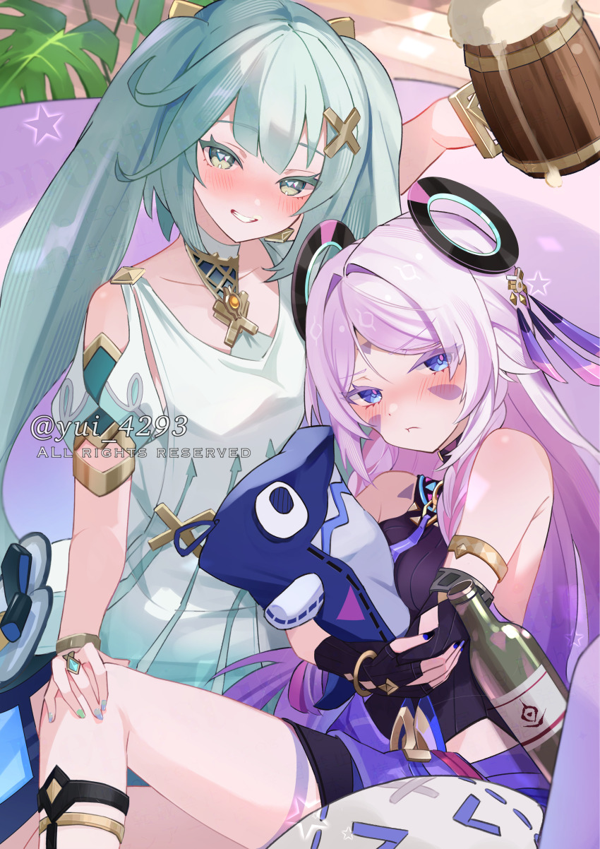2girls absurdres alcohol aqua_hair aqua_nails arm_up bare_shoulders beer black_leotard blue_eyes blue_nails blush bottle braid citlali_(genshin_impact) clothing_cutout commentary_request cowboy_shot cup dress facial_mark faruzan_(genshin_impact) floating_headgear foam genshin_impact grin hair_ornament highres holding holding_cup hugging_doll hugging_object indoors leotard long_hair looking_at_viewer multiple_girls nail_polish pink_hair pink_pupils pout shoulder_cutout sitting leotard smile star_(symbol) stuffed_animal stuffed_toy symbol-shaped_pupils tankard trait_connection triangle triangle-shaped_pupils triangle_facial_mark twin_braids twintails twitter_username very_long_hair watermark white_dress wine_bottle x_hair_ornament yui_4293