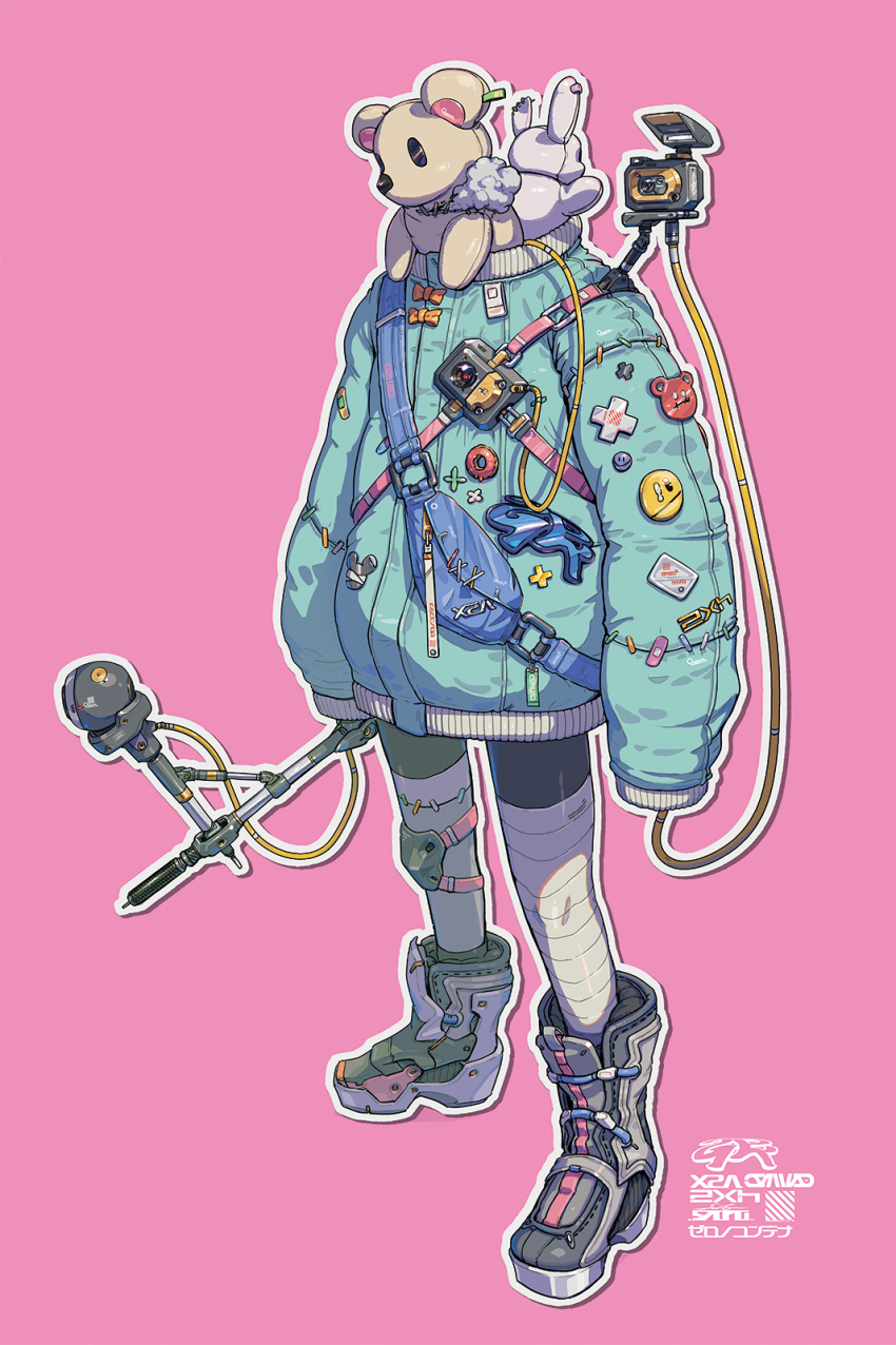 1other aqua_jacket bandaged_leg bandages bandaid black_boots blue_bag boots bow cable camera commentary english_commentary esuthio full_body highres humanoid_robot jacket knee_pads long_sleeves no_hands orange_bow original pink_background plus_sign_ornament pouch robot science_fiction simple_background single_knee_pad solo sticker stuffed_animal stuffed_rabbit stuffed_toy teddy_bear teddy_bear_ornament