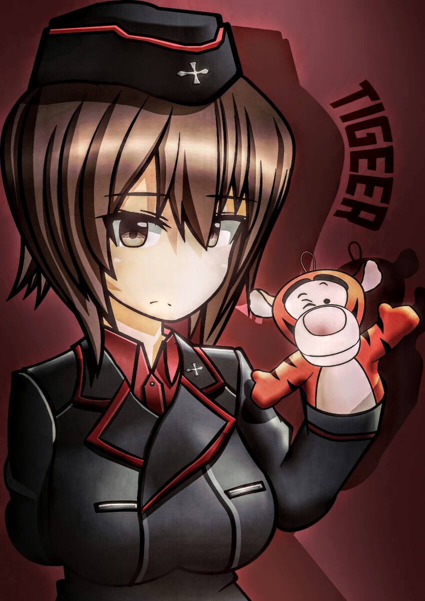 1girl absurdres black_hat black_jacket brown_eyes brown_hair closed_mouth commentary_request dress_shirt frown garrison_cap girls_und_panzer hand_puppet hat highres insignia jacket kaito_(stop404man) kuromorimine_military_uniform long_sleeves looking_at_viewer military military_hat military_uniform nishizumi_maho puppet red_shirt shadow shirt short_hair solo standing tigger upper_body wing_collar winnie_the_pooh