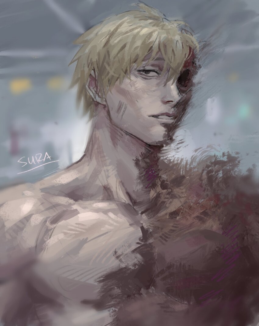 1boy blonde_hair burn_scar burnt eye_socket highres indoors jujutsu_kaisen light_smile looking_at_viewer male_focus muscular muscular_male nanami_kento parted_lips portrait scar short_hair solo suracii topless_male