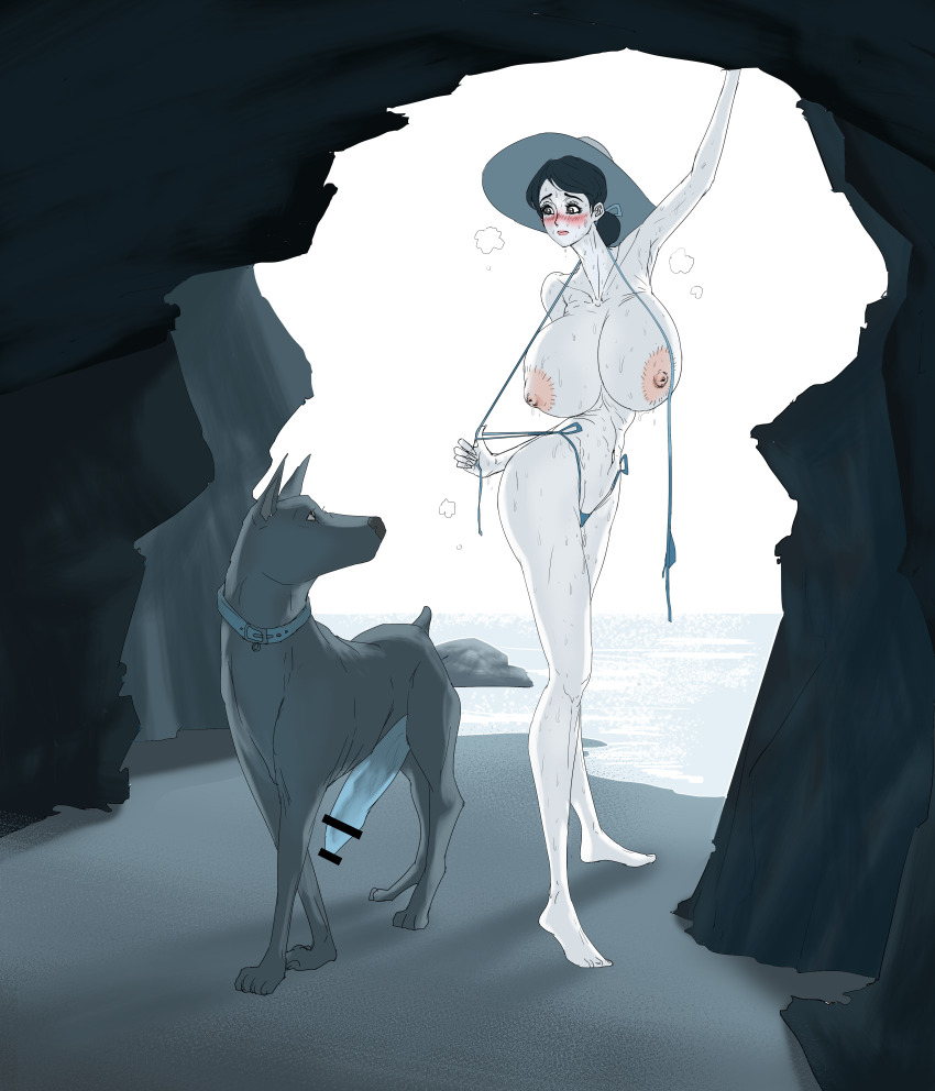 1boy 1girl absurdres animal_collar animal_penis ante90 arm_up ass bar_censor barefoot beach bikini black_hair blurry blush breasts cave censored cheating_(relationship) collar collarbone completely_nude depth_of_field dog_penis eye_contact hat highres huge_breasts huge_penis looking_at_another medium_hair navel nipples nose_blush nude ocean original outdoors penis string_bikini sun_hat sweat swimsuit undressing wide_hips