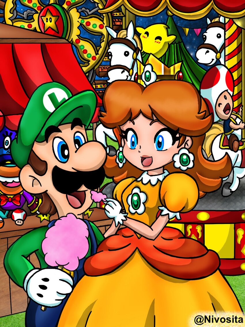 big_top brooch cotton_candy crown dress earrings eating facial_hair flower_earrings hat highres jewelry luigi luma_(mario) mario_(series) mc_ballyhoo mustache nintendo orange_dress overalls princess_daisy puffy_short_sleeves puffy_sleeves short_sleeves standing super_star_(mario) toad_(mario) tomboy
