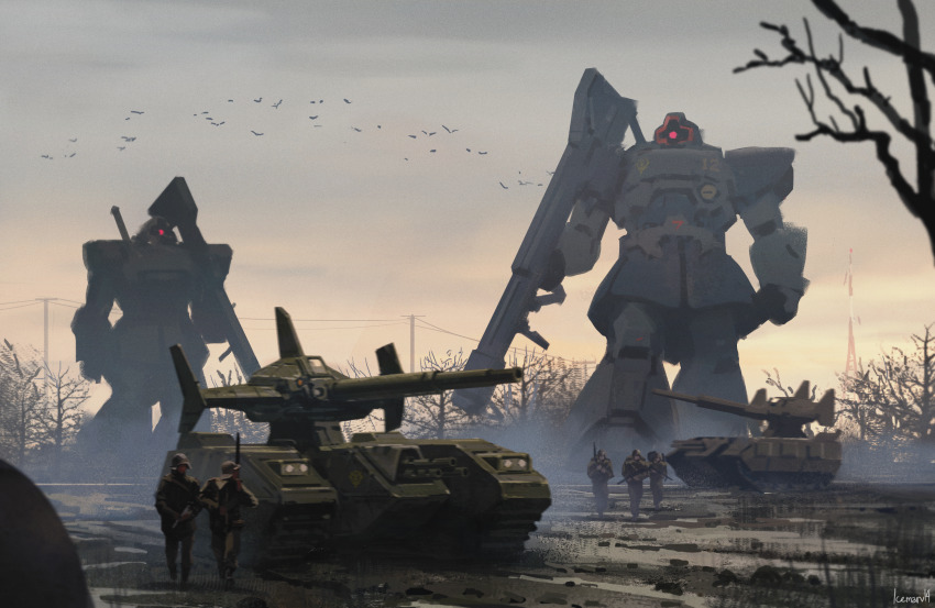 5boys absurdres artist_name bare_tree bazooka_(gundam) caterpillar_tracks commentary dom_funf english_commentary evening gundam gundam_zeonic_front highres holding holding_weapon icemarv14 magella_attack mecha military mobile_suit mobile_suit_gundam multiple_boys one-eyed outdoors power_lines radio_tower red_eyes robot science_fiction simple_bird soldier standing tree utility_pole weapon zeon