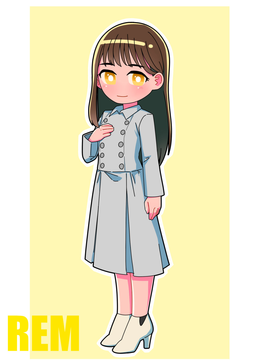1girl animification blush boots border bright_pupils brown_hair buttons character_name closed_mouth collared_dress commentary dress full_body grey_dress hair_behind_ear hair_intakes hand_on_own_chest hand_up high_heel_boots high_heels highres legs_together long_dress long_hair long_sleeves looking_at_viewer no_nose pleated_dress re.m._(ultraman_geed) smile solo standing tokusatsu tsubasa_(godbardtsubasa) ultra_series ultraman_geed_(series) white_boots white_border white_pupils wing_collar yellow_background yellow_eyes