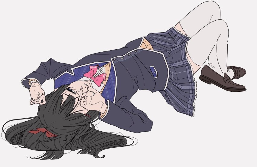 1girl black_hair black_jacket black_skirt bow bowtie brown_cardigan cardigan collared_shirt hair_ornament hair_ribbon hairclip highres jacket kamatama_rom loafers long_hair lying miniskirt nijisanji on_back pink_bow pink_bowtie plaid_clothes plaid_skirt pleated_skirt red_ribbon ribbon shirt shoes simple_background skirt solo thighhighs tsukino_mito tsukino_mito_(1st_costume) virtual_youtuber white_background white_shirt white_thighhighs