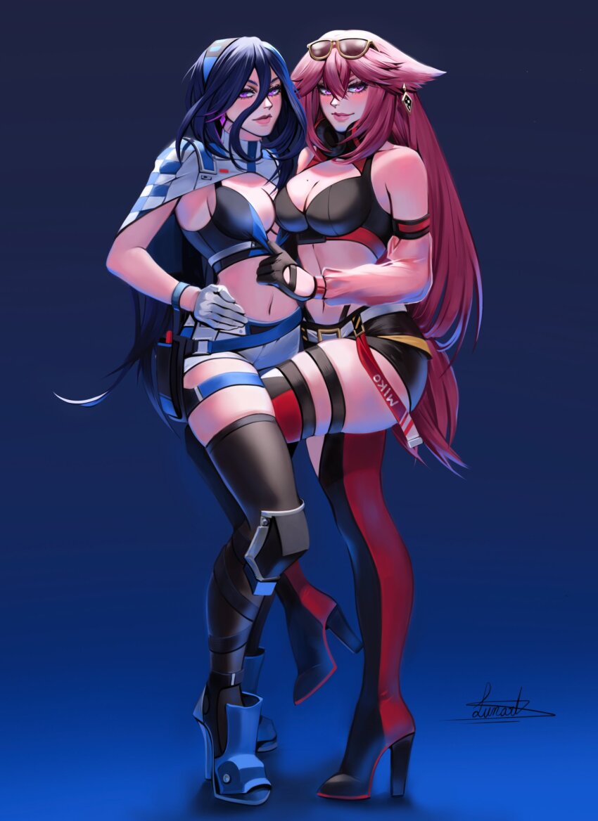 2girls absurdres animal_ears bare_shoulders black_skirt black_thighhighs boots cape clorinde_(genshin_impact) crop_top genshin_impact gradient_background hand_on_own_hip highres long_hair lunart multiple_girls navel official_alternate_costume pink_eyes pink_hair purple_eyes purple_hair race_queen skirt tagme thigh_boots thigh_strap thighhighs yae_miko