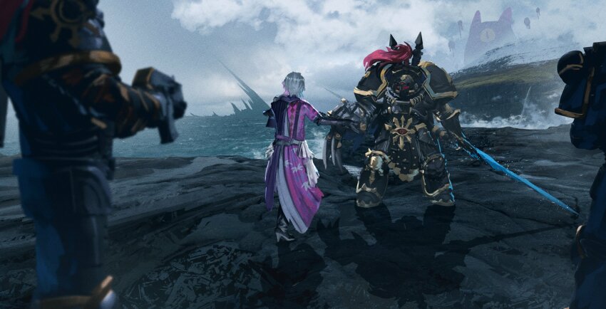 advarcher armor black_gloves blue_hair boots character_request claws cloud cloudy_sky coat commentary creature crossover english_commentary facing_another foaming_waves fog from_behind full_body gavis_bettel giant giant_monster gloves grey_hair gun high_heel_boots high_heels highres holding holding_gun holding_sword holding_weapon holostars holostars_english male_focus multicolored_coat multicolored_hair ocean out_of_frame phantom_(gavis_bettel) pink_hair short_hair sky sword virtual_youtuber warhammer_40k water weapon