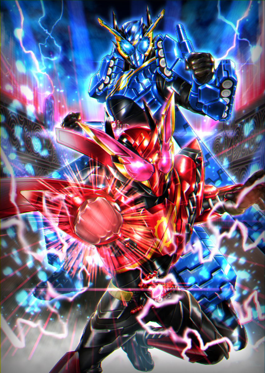 armor blue_armor blue_eyes build_driver rider_belt dual_persona electricity flying gloves hazard_trigger highres incoming_attack incoming_punch kamen_rider kamen_rider_build kamen_rider_build_(series) leg_up military military_vehicle motor_vehicle power_armor powering_up punching rabbit rabbit+rabbit_form red_eyes rider_belt ryukawa tank tank+tank_form tokusatsu