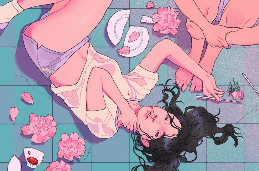 barefoot black_hair blood blood_on_clothes blue_shorts broken broken_cup broken_plate brown_eyes chopsticks commentary crack cracked_floor english_commentary flower from_above hand_on_own_neck holding holding_chopsticks hugging_own_legs looking_at_viewer looking_up lying navel nosebleed on_back on_floor open_mouth original out_of_frame pastel_colors petals pink_flower pink_petals plate sh0tze shirt short_shorts shorts socks t-shirt tile_floor tiles white_shirt white_socks