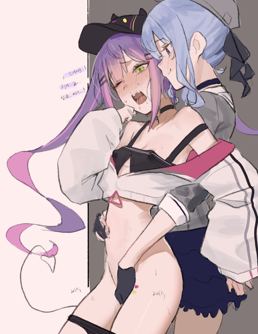 2girls absurdres ayeon black_choker black_gloves black_hat black_panties black_shirt blue_eyes blue_hair blush breasts choker closed_mouth covered_erect_nipples demon_tail fingering gloves green_eyes hat highres hololive hoshimachi_suisei jacket korean_text long_hair multicolored_hair multiple_girls one_eye_closed panties panty_pull partially_fingerless_gloves pink_hair purple_hair reach-around redrawn shirt small_breasts smile streaked_hair sweat tail tokoyami_towa translation_request twintails underwear virtual_youtuber white_jacket yuri