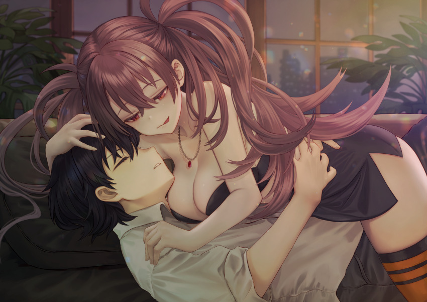 1boy 1girl absurdres arms_around_waist bare_shoulders black_dress black_hair breasts brown_eyes brown_hair closed_eyes commission dr._arach dress highres jewelry large_breasts long_hair looking_at_another megumi_(piyo7piyo9) necklace pixiv_commission short_hair strapless strapless_dress tohno_shiki tsukihime