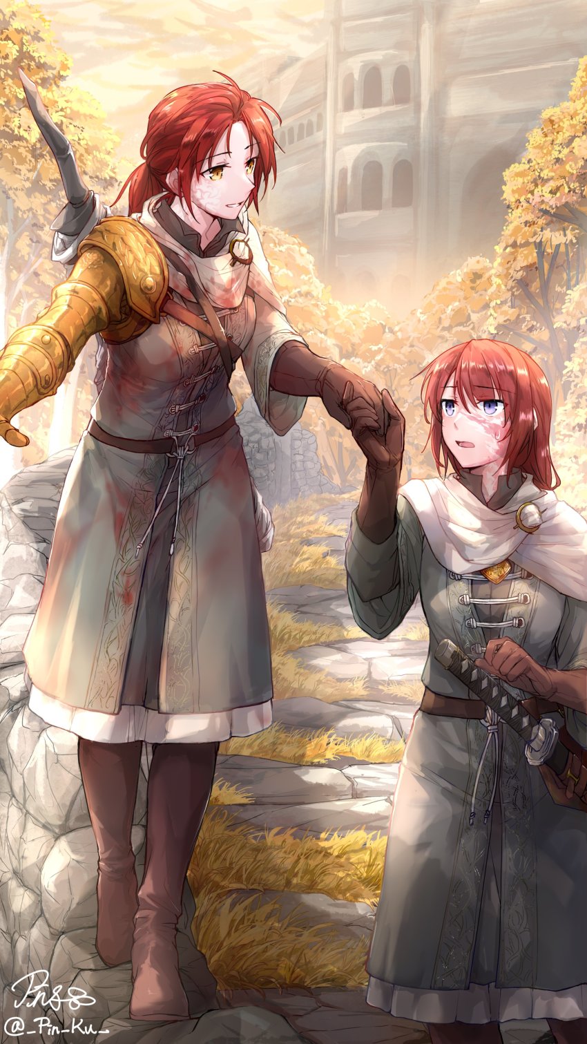 2girls absurdres amputee amy,_third_sister_(elden_ring) blue_eyes brown_footwear brown_gloves brown_tunic character_request cloak elden_ring gloves highres holding_hands long_hair low-tied_long_hair mechanical_arms millicent_(elden_ring) multiple_girls outdoors pin.s prosthesis prosthetic_arm red_hair siblings single_mechanical_arm sisters sword sword_on_back tunic weapon_on_back yellow_eyes