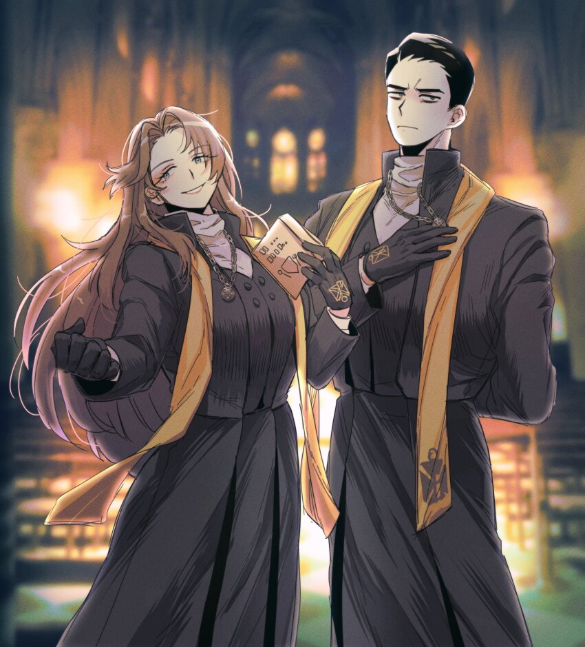 1boy 1girl black_gloves black_hair black_robe black_vest blue_eyes book brown_hair commentary gloves green_eyes hair_slicked_back highres holding holding_book jewelry limbus_company long_hair meursault_(project_moon) necklace nyak_138 parted_bangs project_moon robe rodion_(project_moon) sash short_hair symbol-only_commentary turtleneck very_long_hair vest