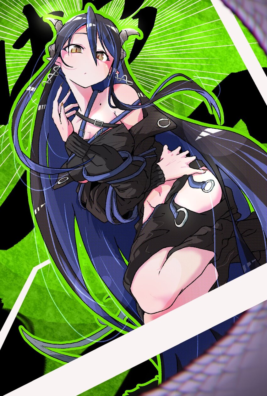 1girl bandeau bane_mk-2 belt black_bandeau black_belt black_hair black_jacket black_skirt blue_belt blue_hair breasts brown_eyes chest_belt cleavage closed_mouth commentary_request curled_horns demon_girl demon_horns expressionless full_body green_background grey_horns hair_between_eyes hebiyoi_tier hebiyoi_tier_(1st_costume) highres hip_vent horns jacket jumping large_breasts long_bangs long_hair long_sleeves looking_at_viewer multicolored_hair nanashi_inc. navel off_shoulder open_clothes open_jacket pointy_ears sidelocks skirt solo two-tone_hair very_long_hair virtual_youtuber