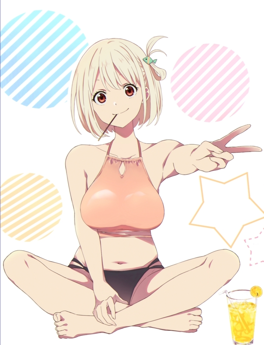 1girl barefoot bikini blonde_hair breasts closed_mouth crossed_ankles food food_in_mouth highres large_breasts looking_at_viewer lycoris_recoil mismatched_bikini navel nishikigi_chisato one_side_up outstretched_arm pocky pocky_in_mouth red_eyes saint_laurent_paris short_hair sitting smile solo swimsuit v