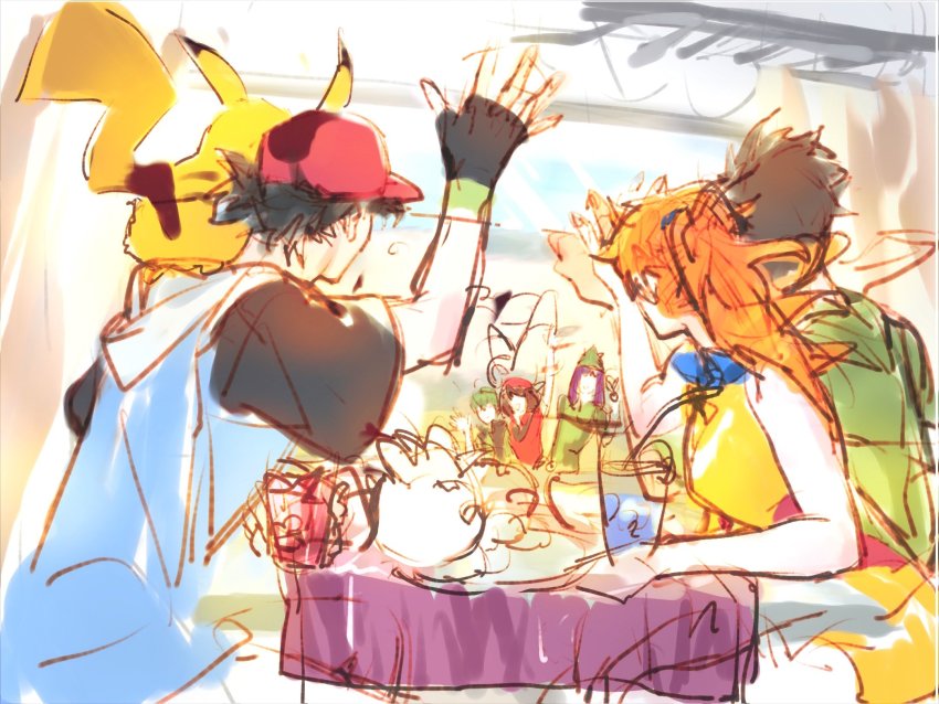 2girls 4boys ash_ketchum asymmetrical_hair black_hair brock_(pokemon) brown_hair clefi_toi cowboy_shot denim denim_shorts drew_(pokemon) gen_1_pokemon gym_leader harley_(pokemon) hat highres jacket legs may_(pokemon) misty_(pokemon) multiple_boys multiple_girls nintendo orange_hair pikachu pokemon pokemon_(anime) pokemon_rse_(anime) ponytail red_hair shiny_skin shirt shoes short_hair short_shorts shorts side_ponytail yellow_shirt