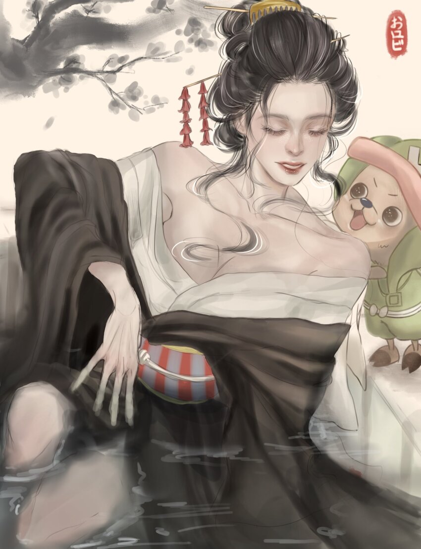 1boy 1girl bare_shoulders black_kimono breasts cleavage closed_eyes collarbone commentary green_jumpsuit hair_ornament hat highres japanese_clothes jumpsuit kanzashi kimono looking_at_another nico_robin nico_robin_(wano) obi one_piece partially_submerged red_lips rihirihi613 sash smile tony_tony_chopper water