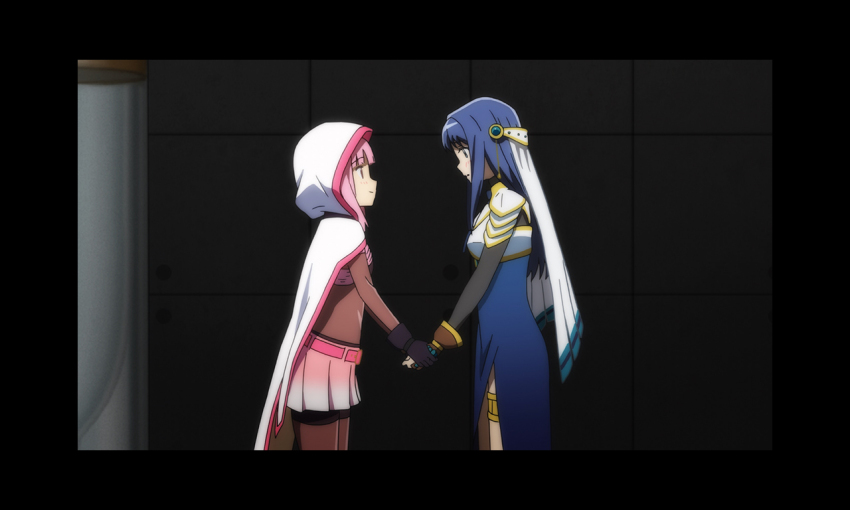 2girls armor artist_request belt black_border black_gloves black_shirt black_shorts blue_dress blue_eyes blue_hair blunt_bangs bodystocking border breastplate brown_bridal_gauntlets cloak closed_mouth cowboy_shot crop_top dress face-to-face from_side game_cg gloves gold_thighlet hair_ornament holding_hands hood hood_up hooded_cloak indoors long_dress long_hair long_sleeves magia_record:_mahou_shoujo_madoka_magica_gaiden magical_girl mahou_shoujo_madoka_magica miniskirt multiple_girls nanami_yachiyo official_art pantyhose parted_lips pauldrons pillar pink_belt pink_eyes pink_hair pink_skirt pleated_skirt shirt shorts shorts_under_skirt shoulder_armor side_slit sidelocks skirt sleeveless sleeveless_dress smile standing straight_hair tamaki_iroha tareme tile_wall tiles turtleneck turtleneck_shirt veil white_cloak white_veil
