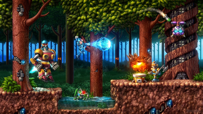 4boys absurdres arcade arm_cannon armor artist_name axe battle beam buster energy fire firing forest gameplay_mechanics highres huge_filesize jumping leaf male_focus mecha mechanical mechanical_tree mechanization mega_man_(character) mega_man_(series) x_(mega_man) mega_man_x_(series) missile multiple_boys nature plant platform realistic ride_armor robot science_fiction tj_townsend tree video_game water watermark weapon web_address