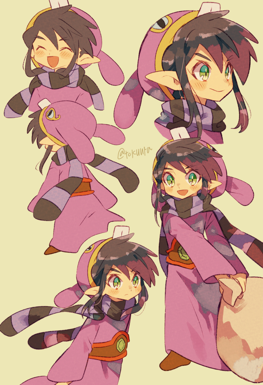 1boy animal_hood back bag blush commentary_request hat highres hood jewelry looking_at_viewer male_focus nintendo pointy_ears purple_hair purple_sweater rabbit_hood ravio rupee_(zelda) sheerow solo sweater the_legend_of_zelda the_legend_of_zelda:_a_link_between_worlds tokuura tunic